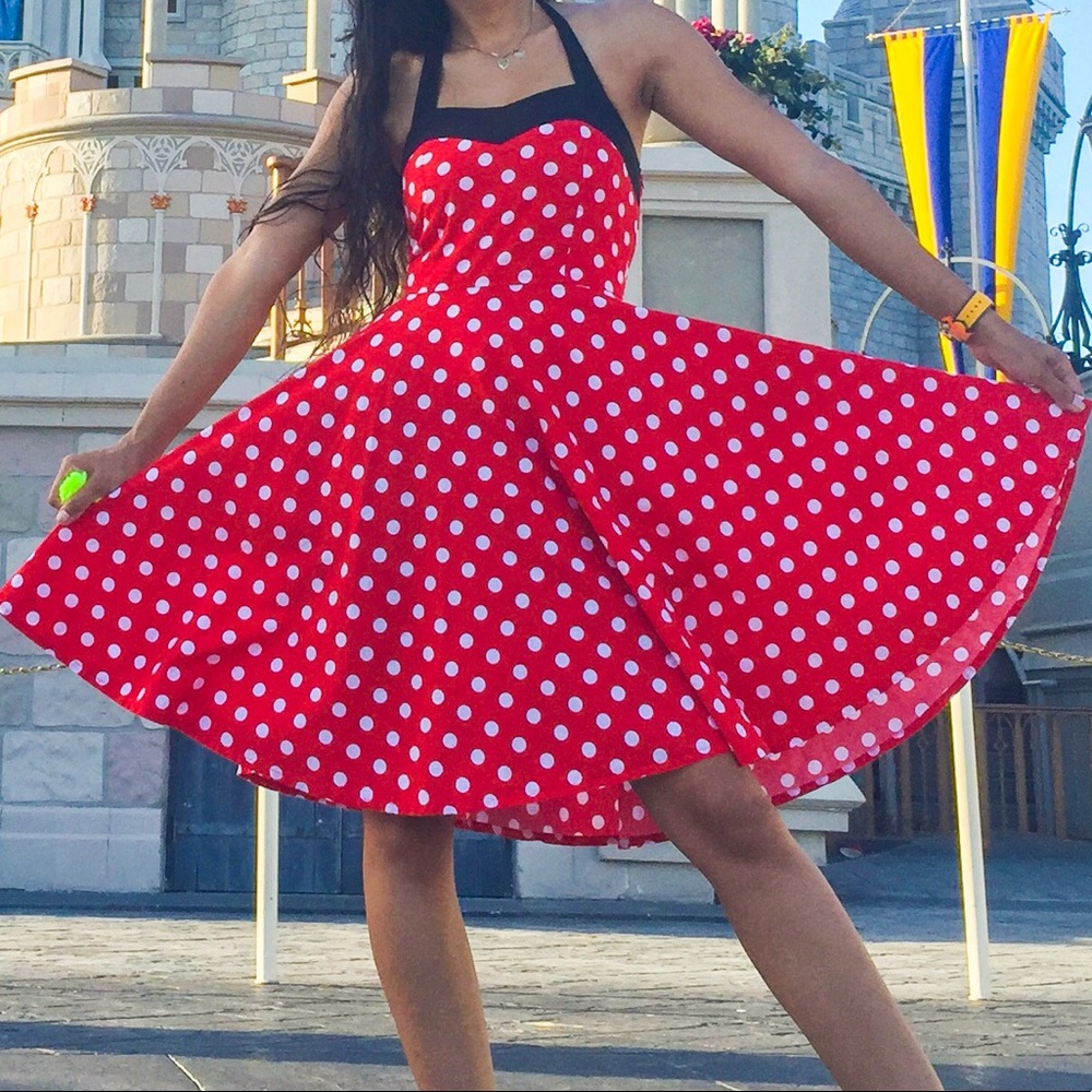 Red white and black polka dot dress